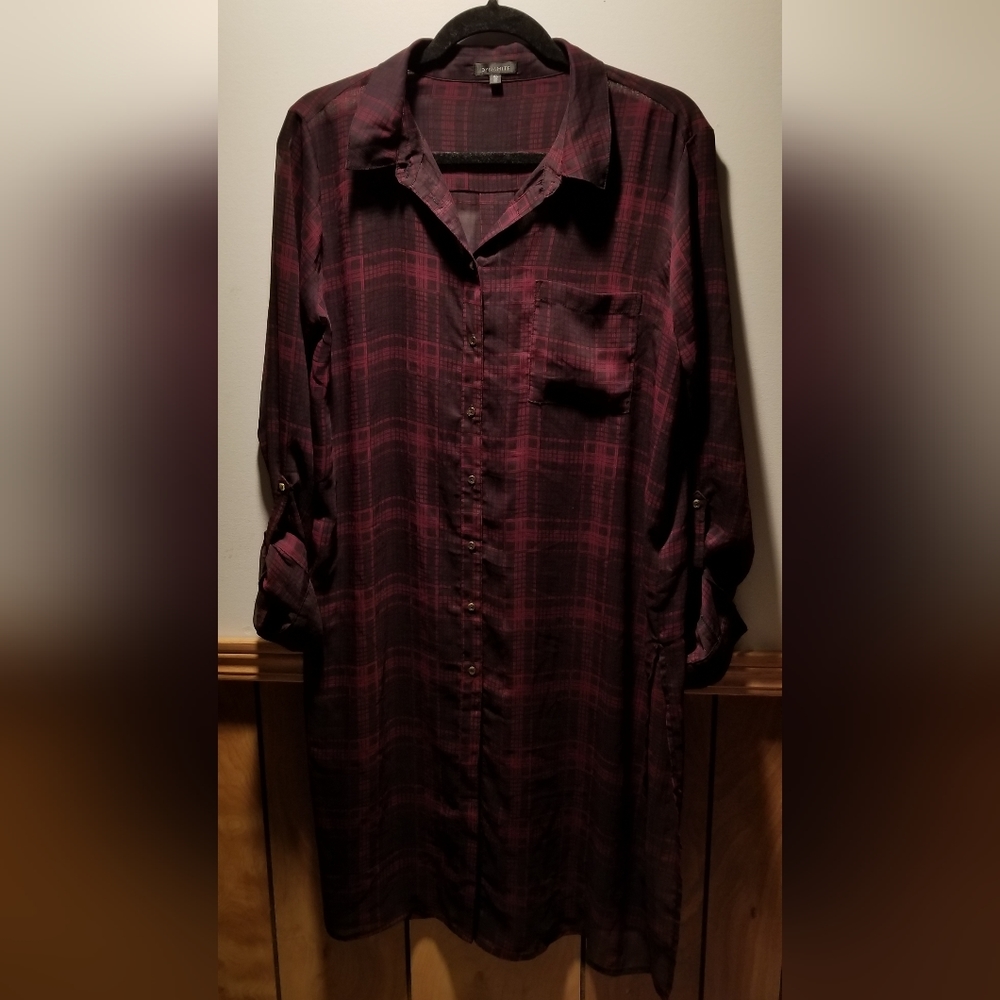 👙Dynamite sheer plaid button down collar shirt dress with front pocket
